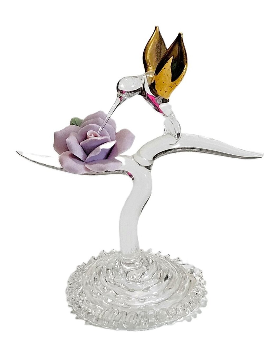 Handcrafted Hummingbird Figurine w/ Pink Ceramic Rose & 22kt Gold Accents – 3.5"